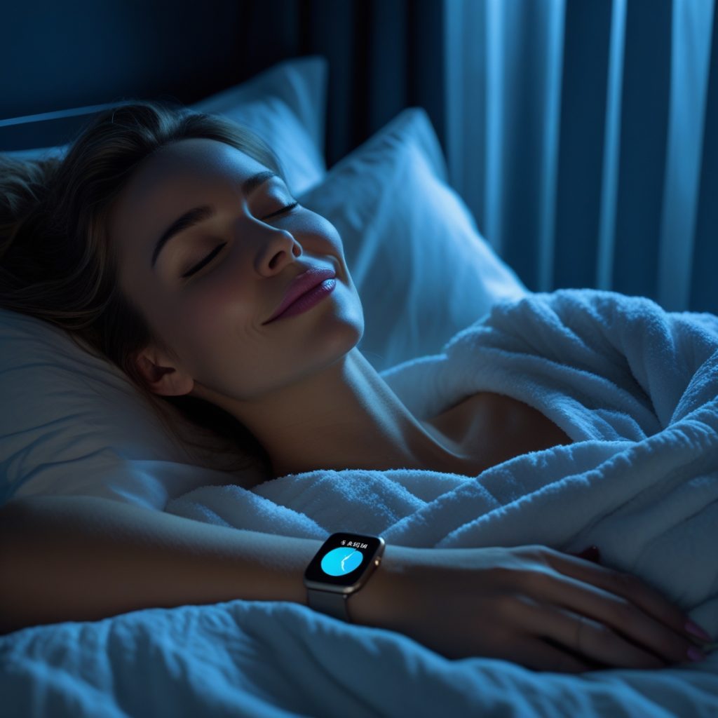 Person schläft tief und ruhig, mit Smartwatch am Handgelenk
